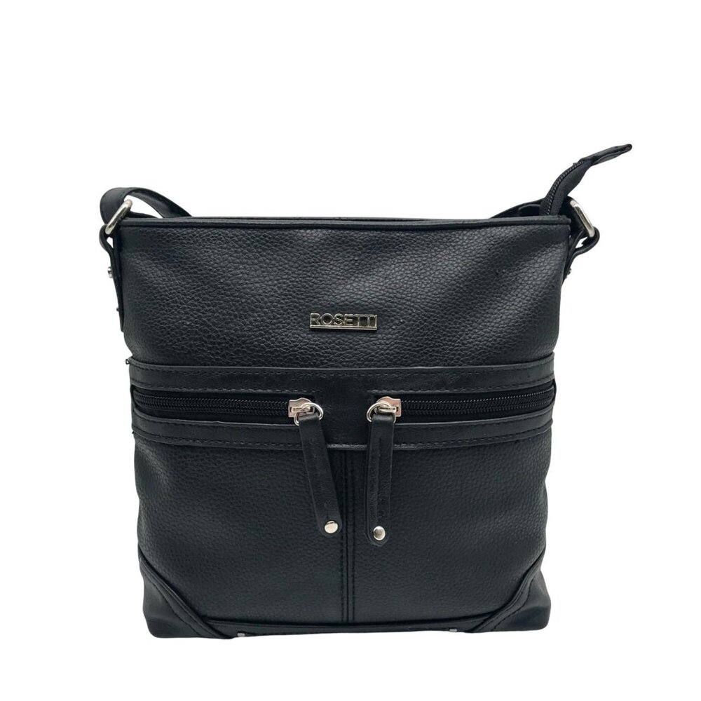 Rosetti Black Faux Pebbled Leather Double Pocket Crossbody Bag
